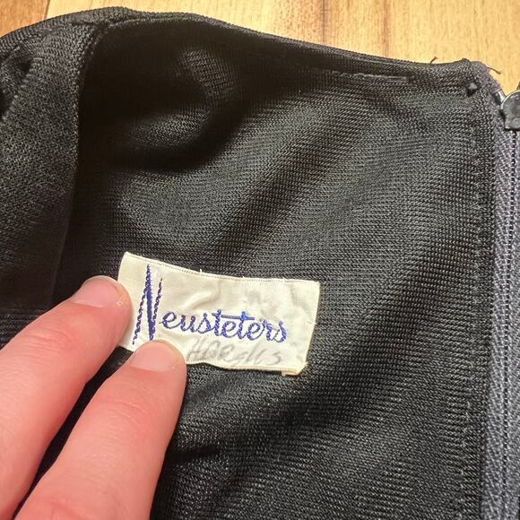 VINTAGE 60s Mod Barkcloth Dress Size 2  Black Maxi Rhinestone Studded Neusteters - Picture 7 of 7